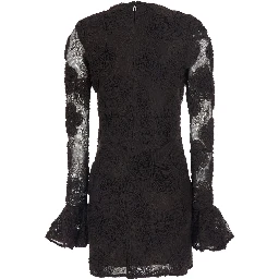 Brown Mini dress with all-over floral embroidery and long flared sleeves in Tech Fabric for women
