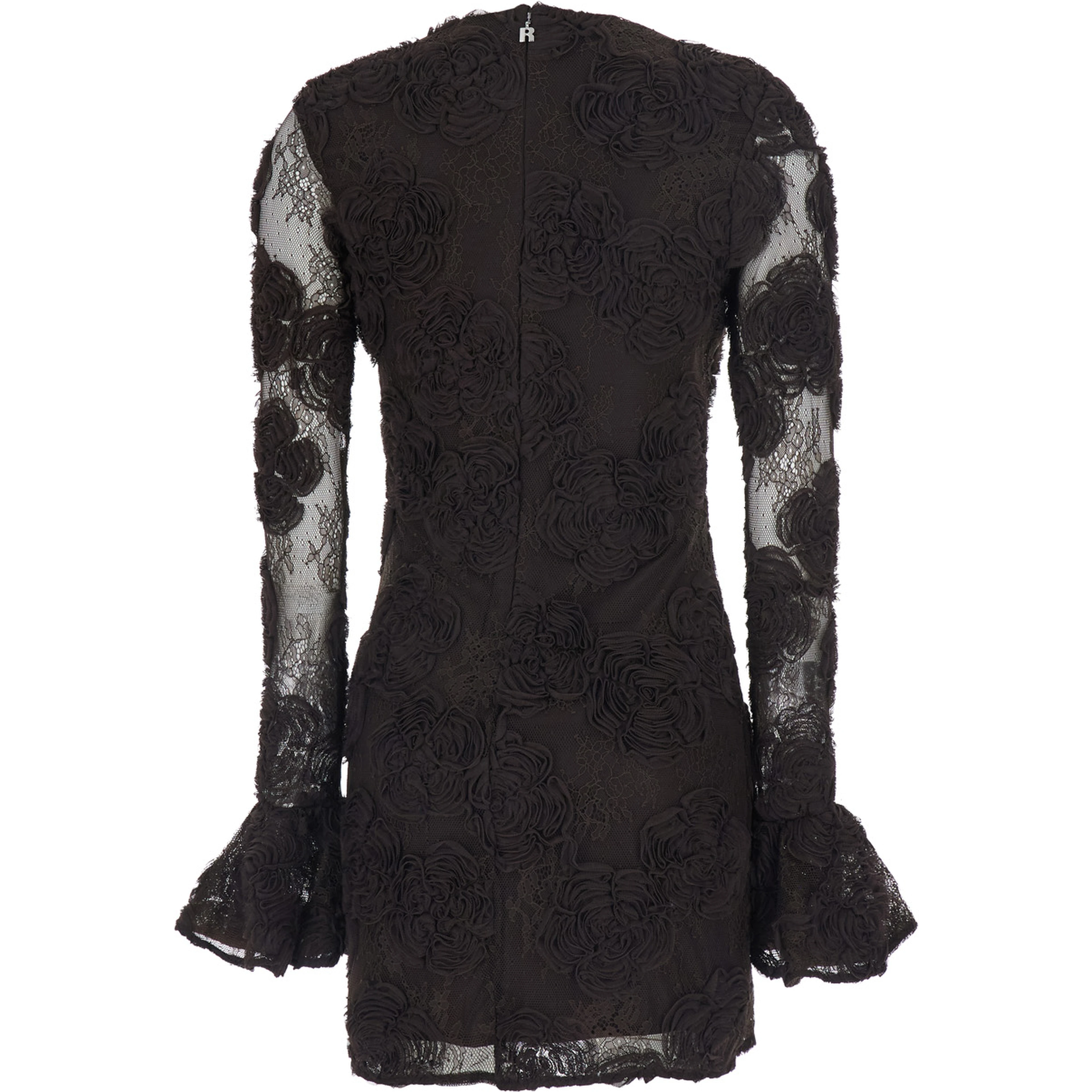 Brown Mini dress with all-over floral embroidery and long flared sleeves in Tech Fabric for women
