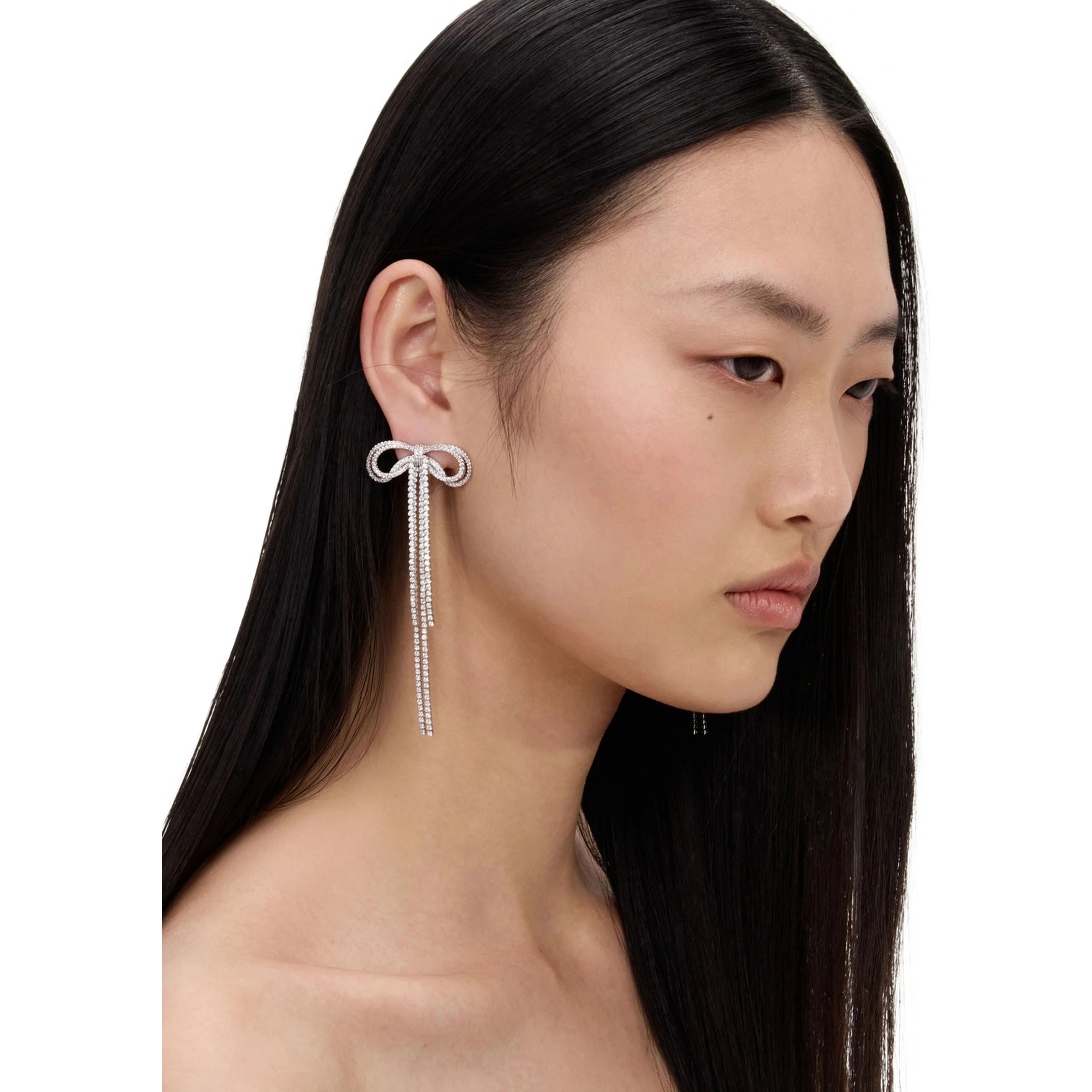 Silver-Colored Bow and Crystal Drop Earrings in Metal for Women