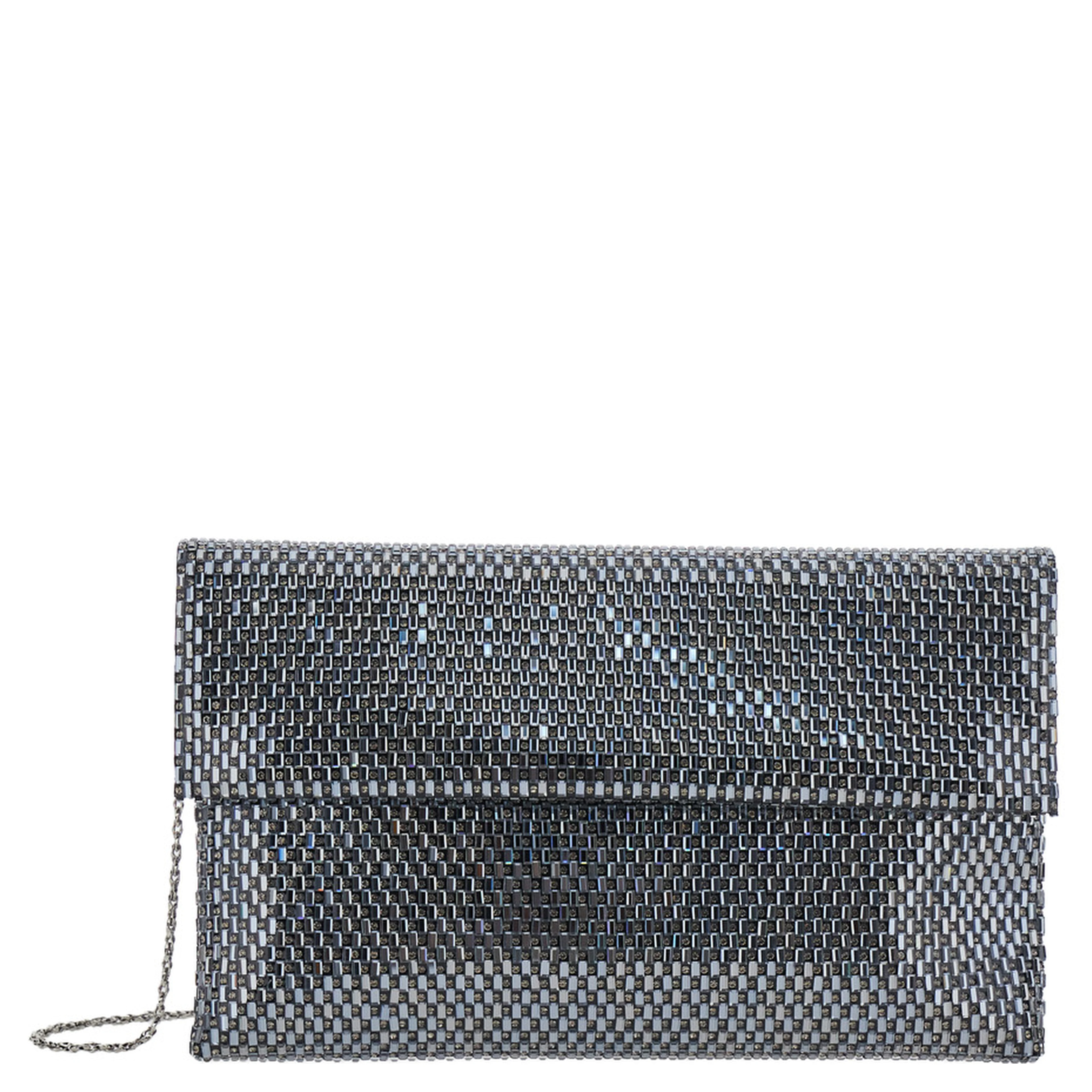 CLUTCH ENTIRELY COVERED IN STONES AND RHINESTONES with personalized shoulder strap and metal closure, black, woman