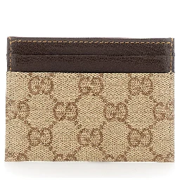 Beige Cardholder with Contrasting Stitching in GG Supreme Canvas and Leather for Men