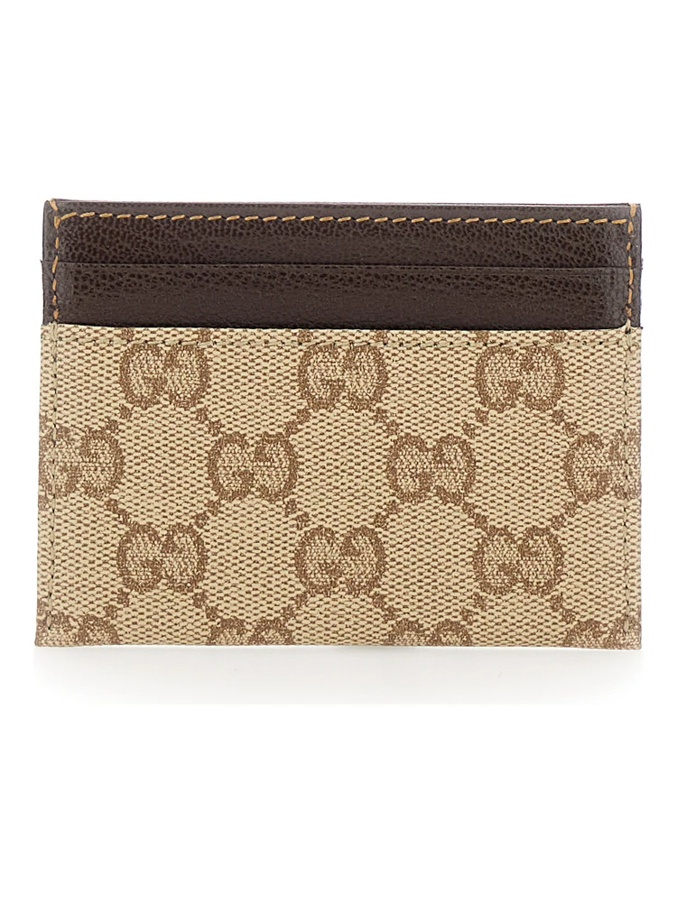 Beige Cardholder with Contrasting Stitching in GG Supreme Canvas and Leather for Men