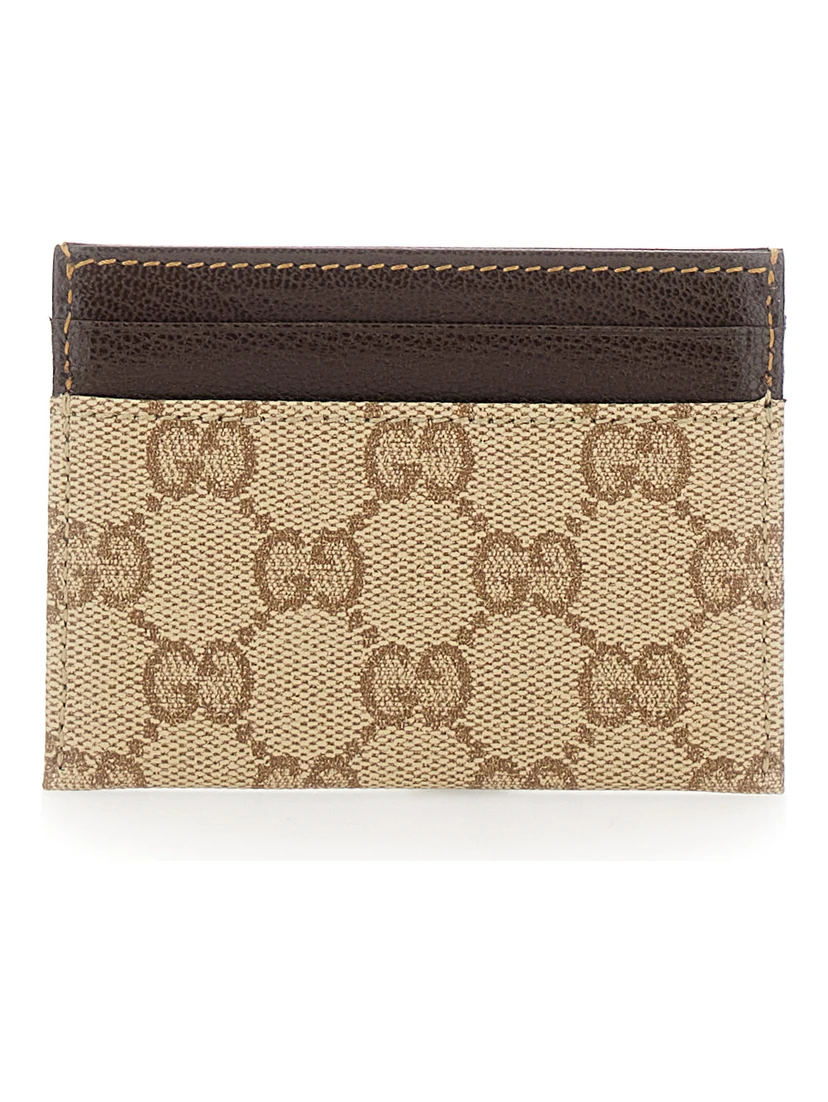 Beige Cardholder with Contrasting Stitching in GG Supreme Canvas and Leather for Men