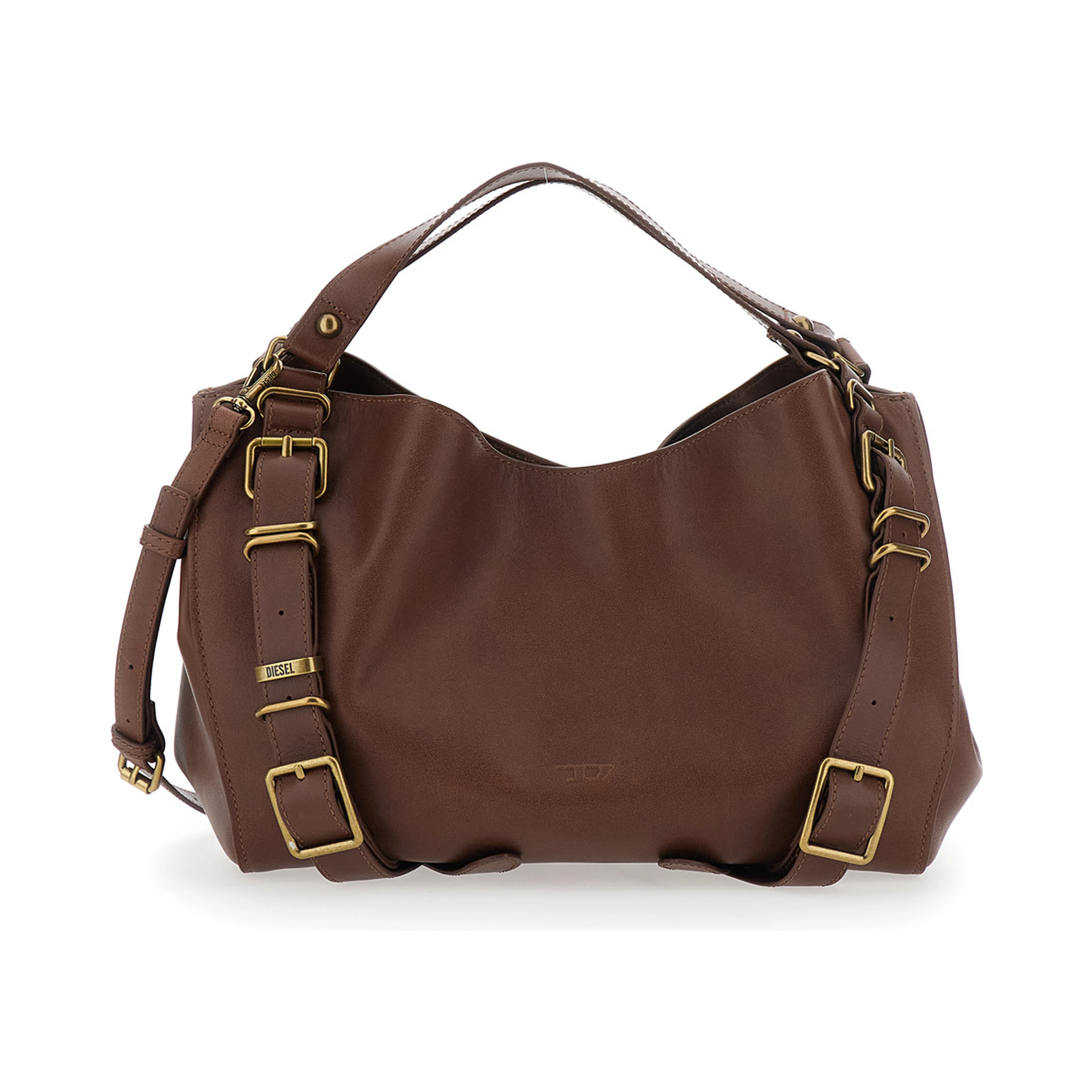 D-One Brown Shoulder Bag with logo on the front and decorative straps with buckles in leather for women