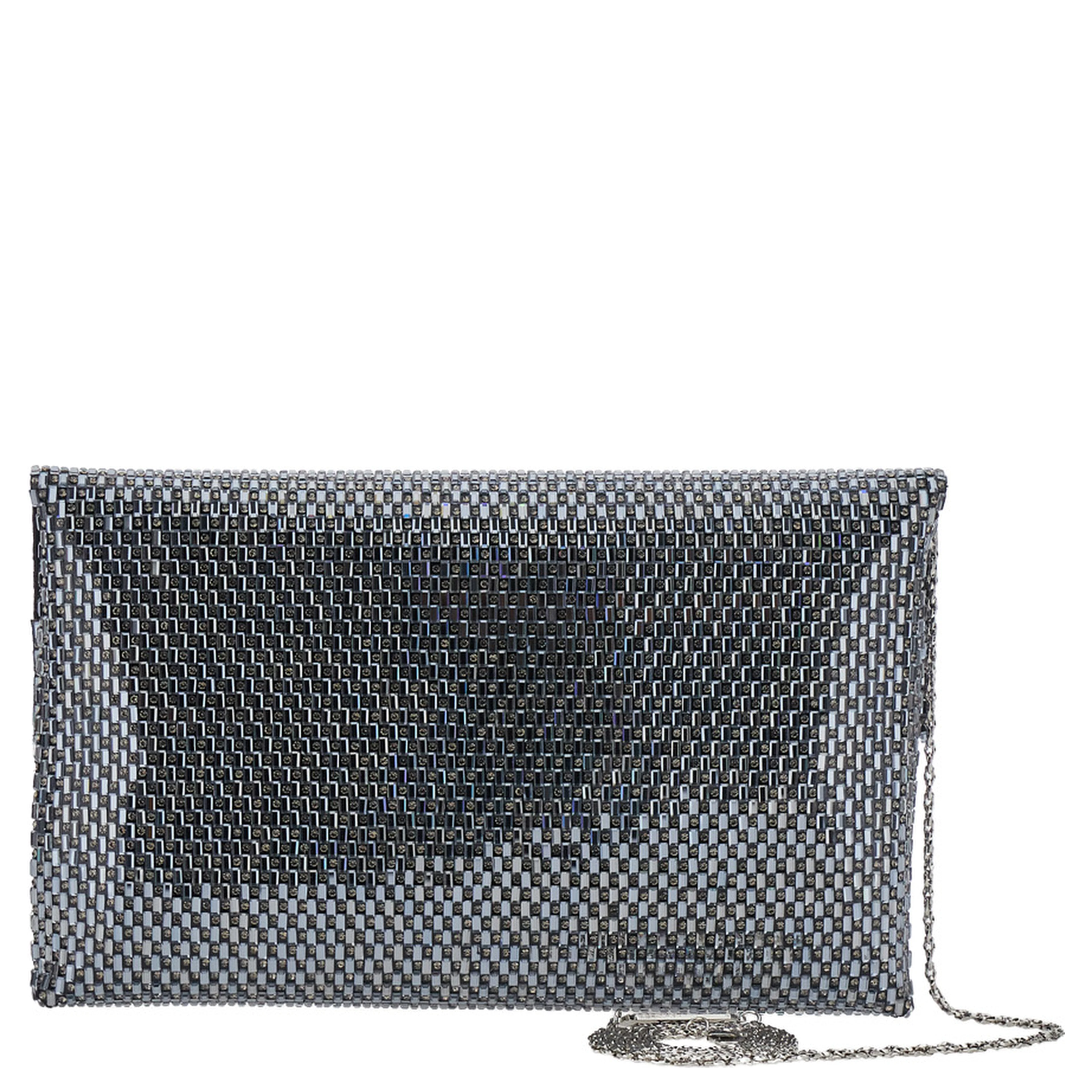 CLUTCH ENTIRELY COVERED IN STONES AND RHINESTONES with personalized shoulder strap and metal closure, black, woman