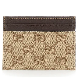 Beige Cardholder with Contrasting Stitching in GG Supreme Canvas and Leather for Men
