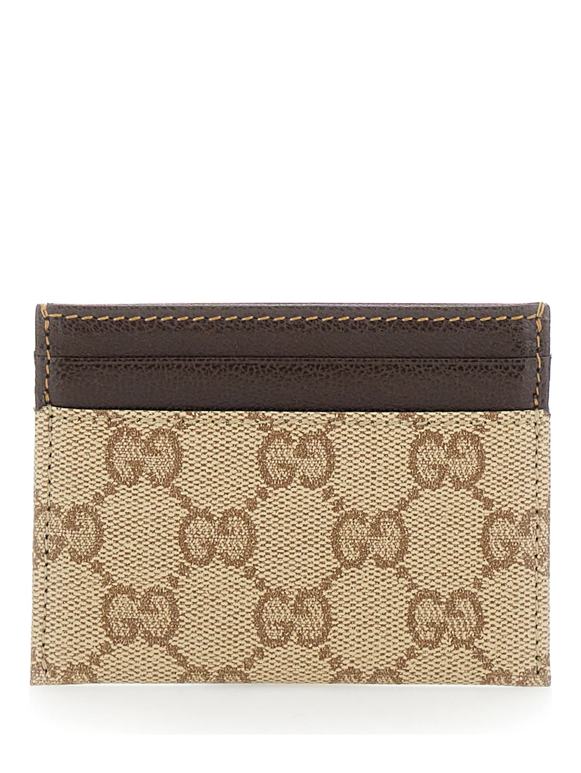 Beige Cardholder with Contrasting Stitching in GG Supreme Canvas and Leather for Men