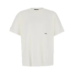 white T-shirt with logo on the front, back and sleeve in cotton for men