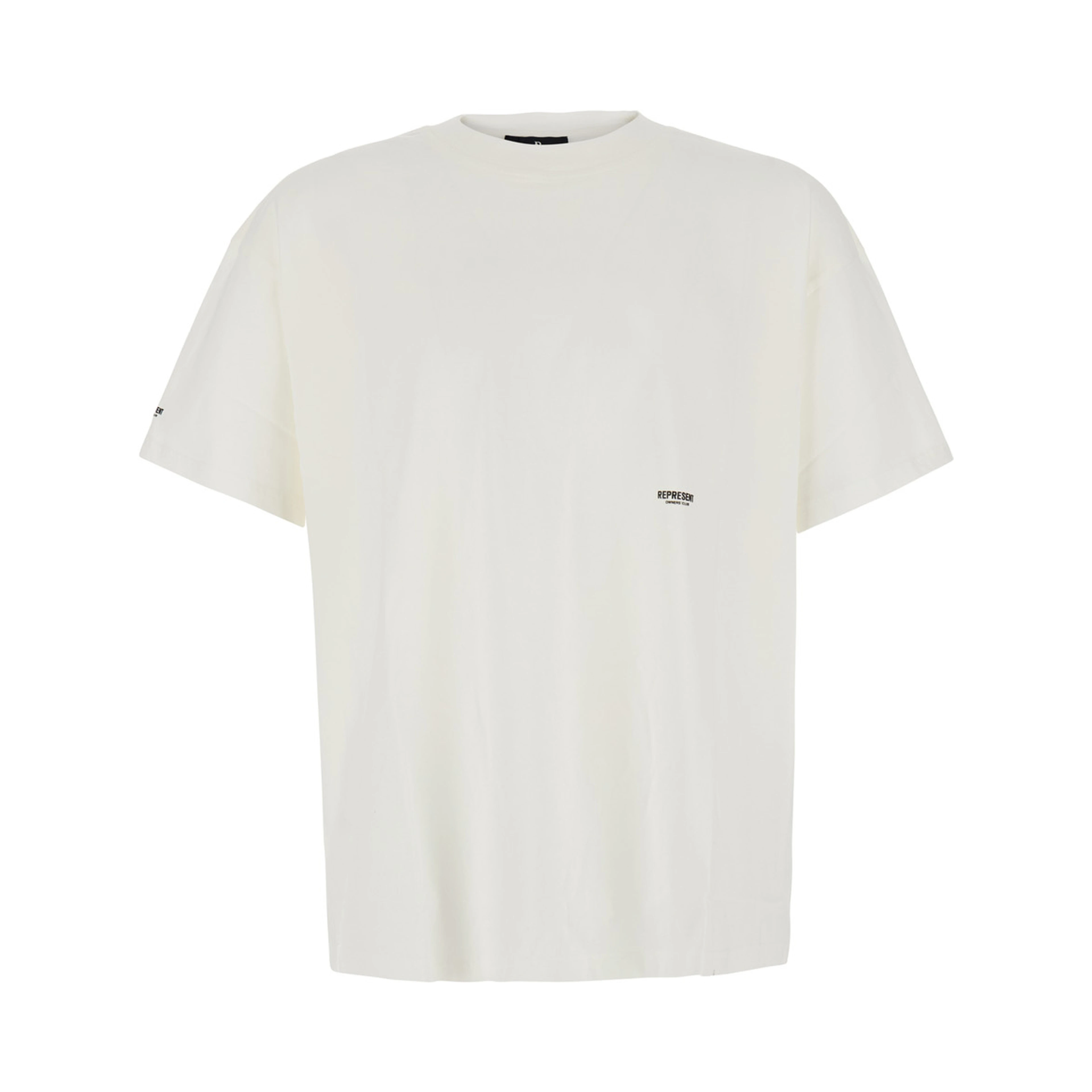 white T-shirt with logo on the front, back and sleeve in cotton for men
