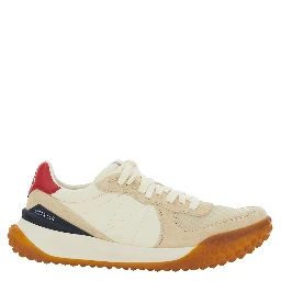 Beige Low Top Sneakers with Logo Patch on the Back and Panelled Design in Leather and Tech Fabric for Women