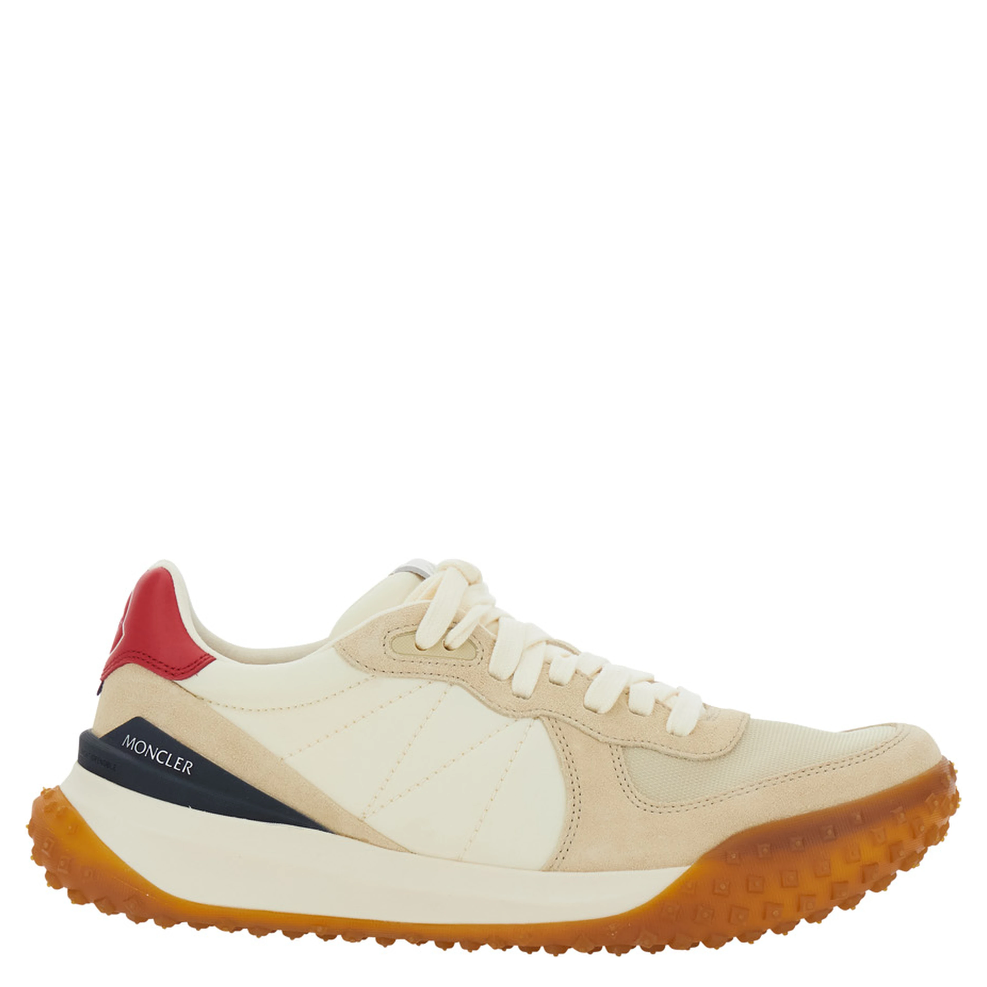 Beige Low Top Sneakers with Logo Patch on the Back and Panelled Design in Leather and Tech Fabric for Women