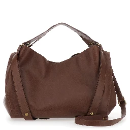 D-One Brown Shoulder Bag with logo on the front and decorative straps with buckles in leather for women