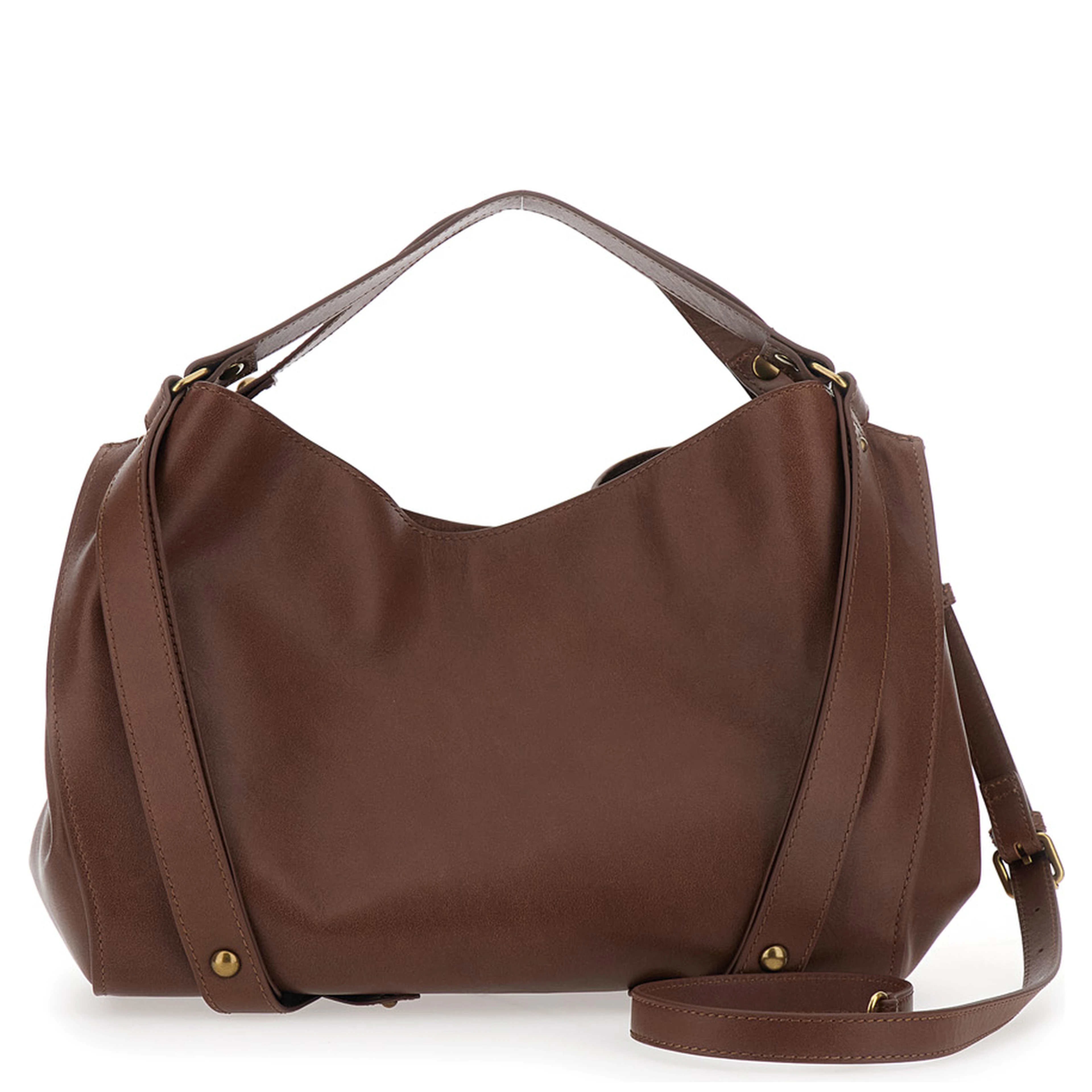 D-One Brown Shoulder Bag with logo on the front and decorative straps with buckles in leather for women
