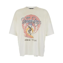 White Crew Neck T-Shirt with Maxi Print on Front and Back in Cotton for Men