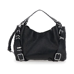 D-One Black Shoulder bag with logo on the front and decorative straps with buckles in leather for women