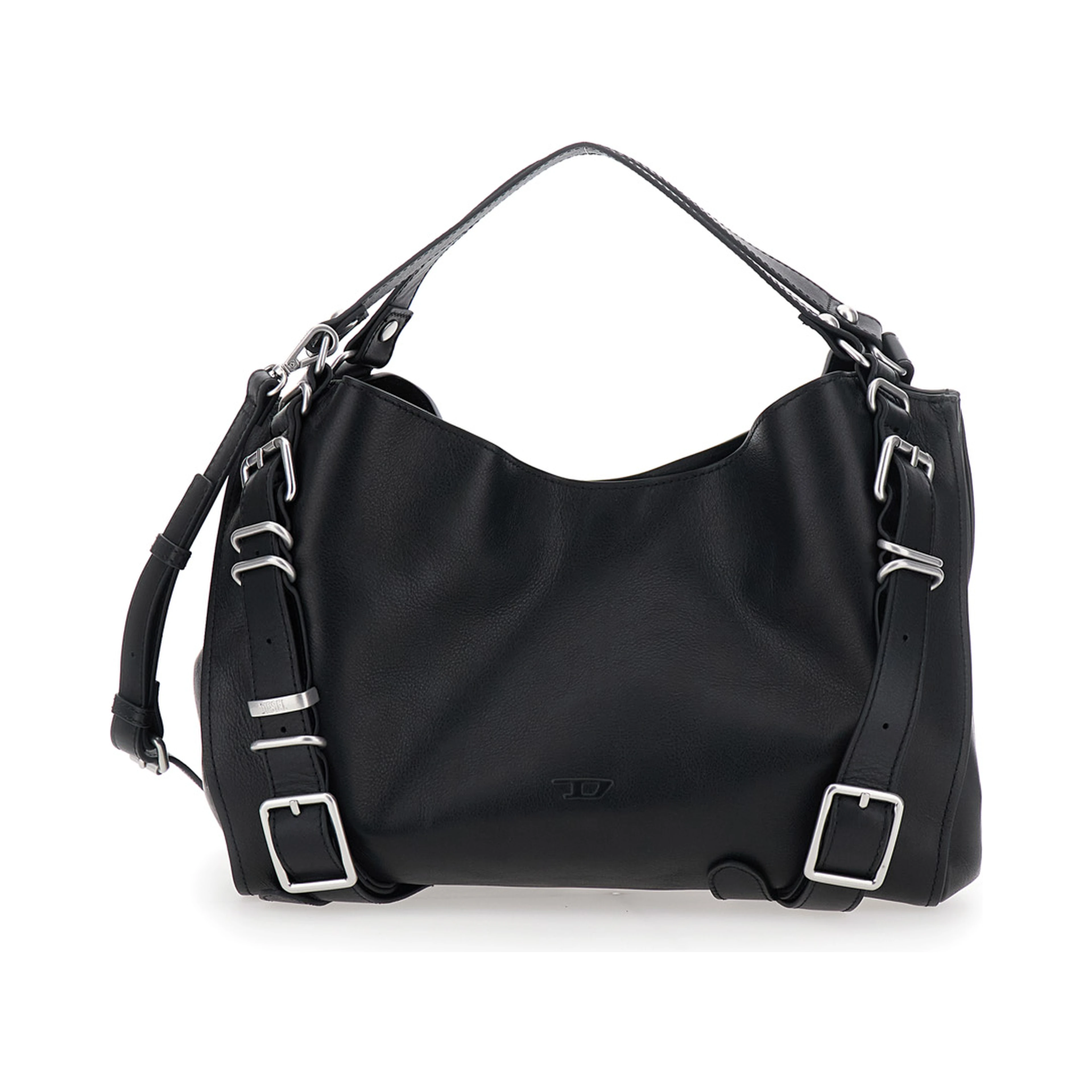 D-One Black Shoulder bag with logo on the front and decorative straps with buckles in leather for women