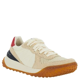 Beige Low Top Sneakers with Logo Patch on the Back and Panelled Design in Leather and Tech Fabric for Women