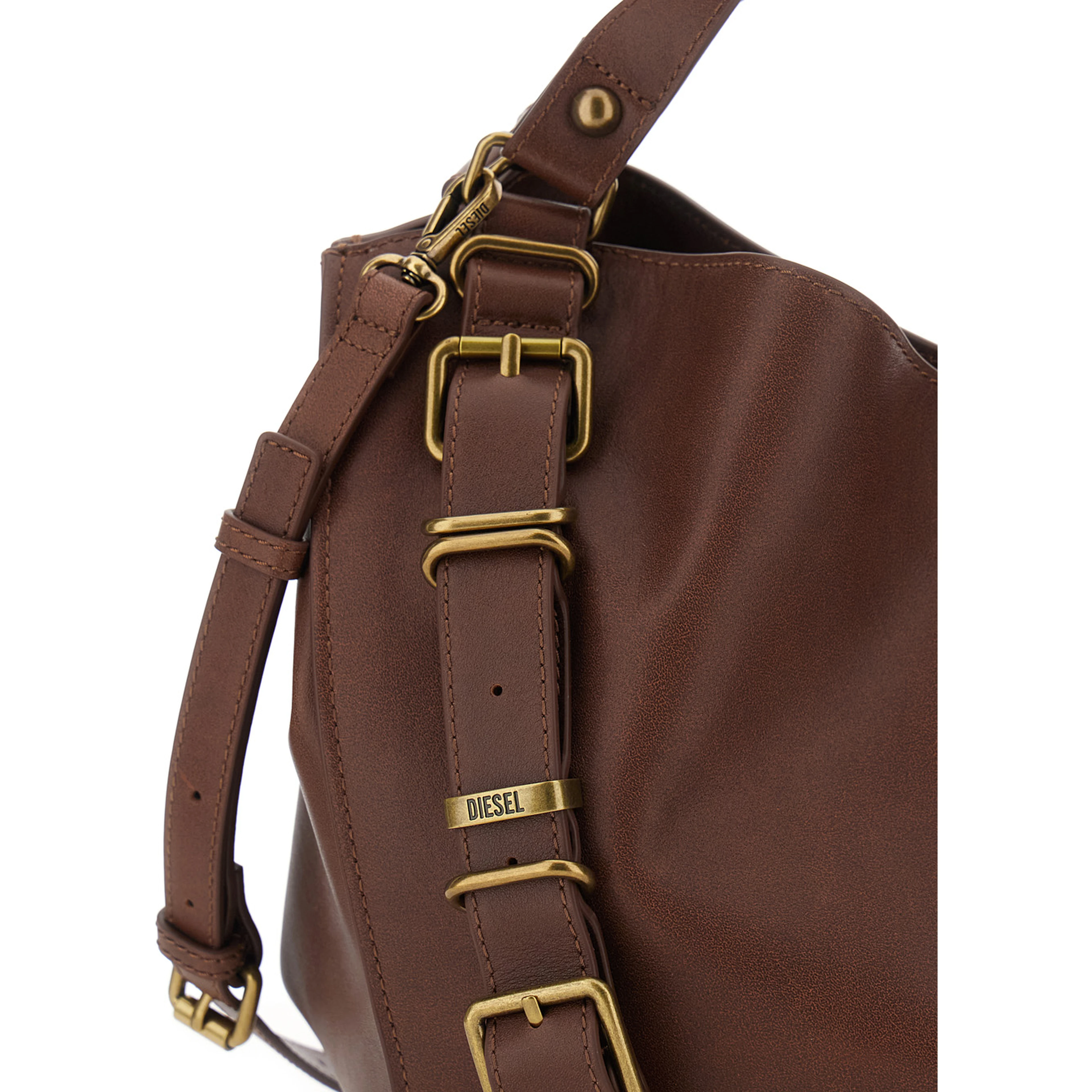 D-One Brown Shoulder Bag with logo on the front and decorative straps with buckles in leather for women