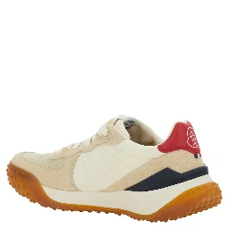 Beige Low Top Sneakers with Logo Patch on the Back and Panelled Design in Leather and Tech Fabric for Women