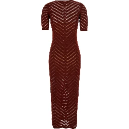 Bordeaux Long Dress with Crew Neck and All-Over Embroidery in Stretch Viscose Woman