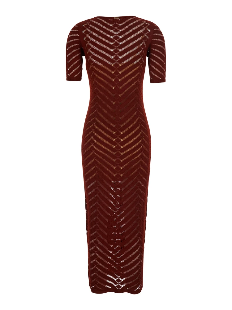Bordeaux Long Dress with Crew Neck and All-Over Embroidery in Stretch Viscose Woman