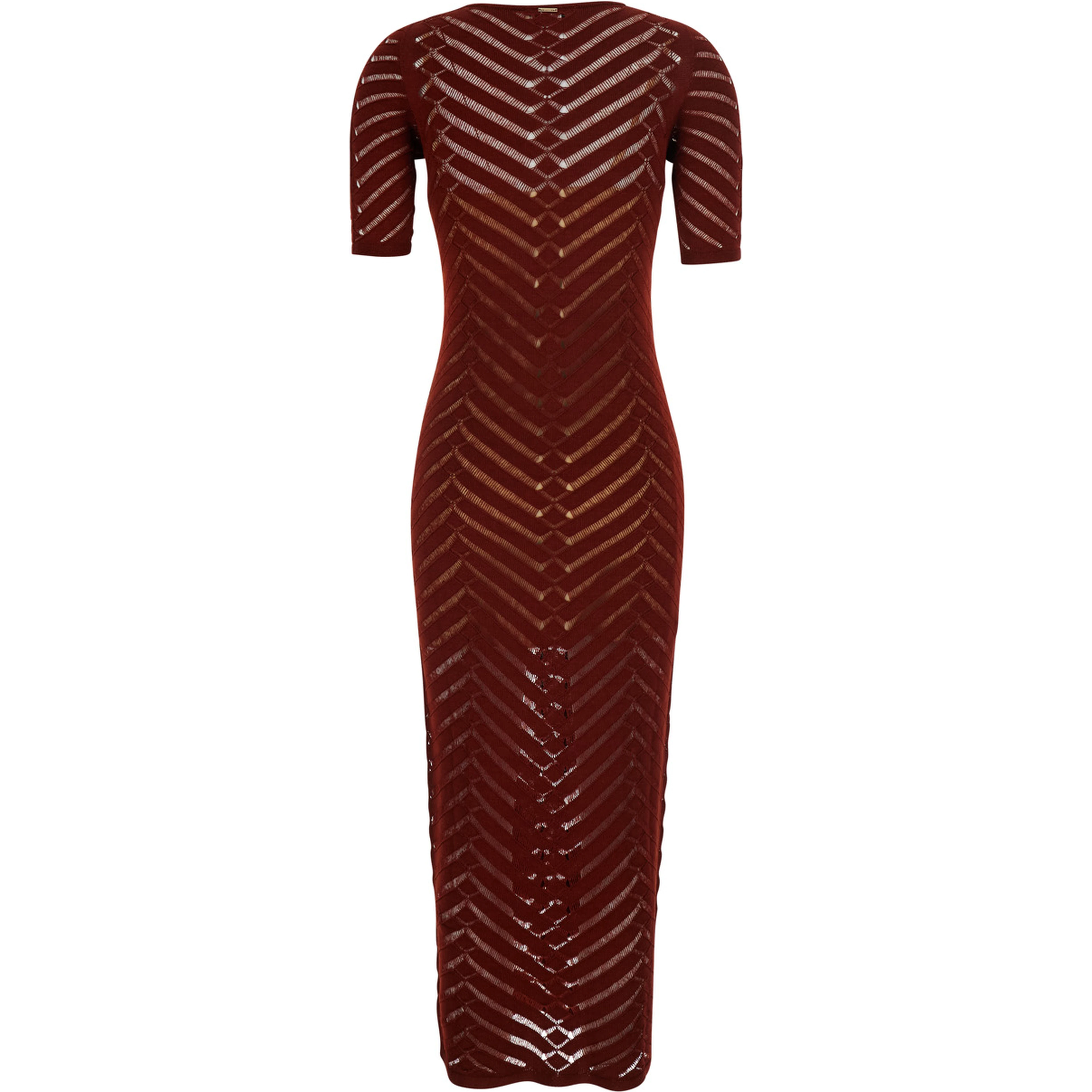 Bordeaux Long Dress with Crew Neck and All-Over Embroidery in Stretch Viscose Woman
