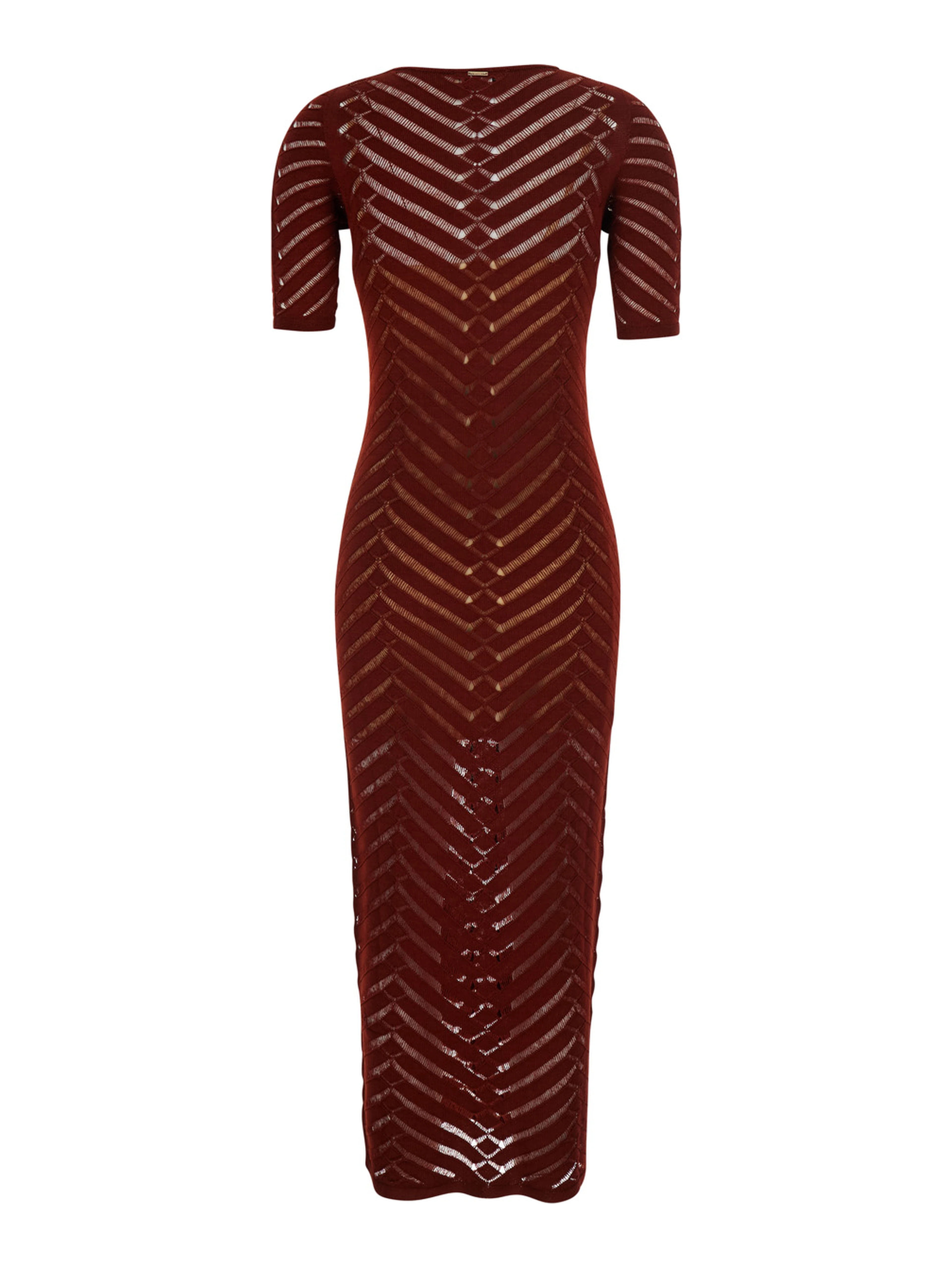 Bordeaux Long Dress with Crew Neck and All-Over Embroidery in Stretch Viscose Woman