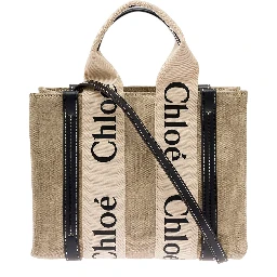 Tote bag Woody with Leather and Linen Strap in Beige for Women