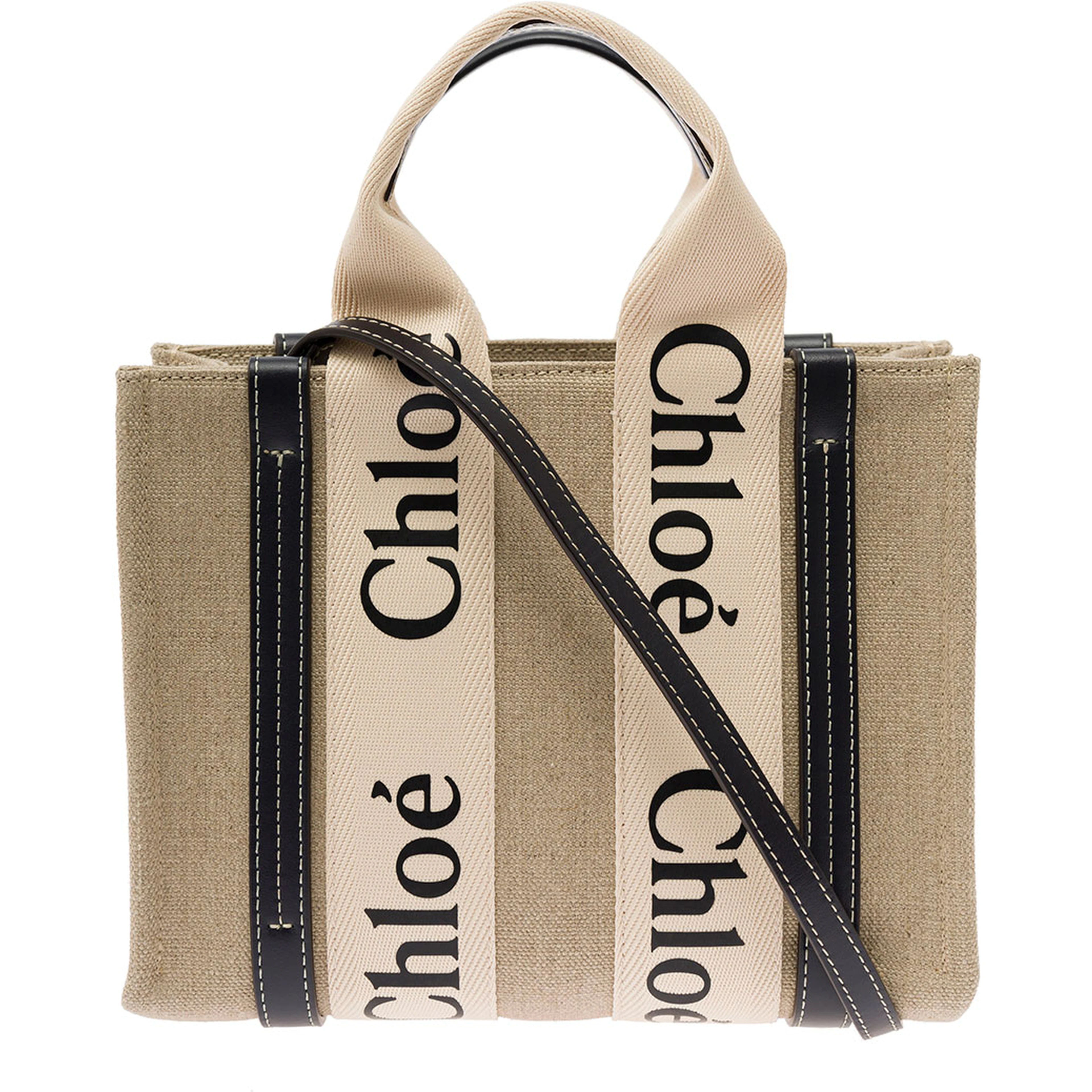 Tote bag Woody with Leather and Linen Strap in Beige for Women