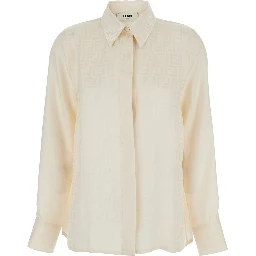 Shirt with Pointed Collar and FF Motif in White Silk for Women