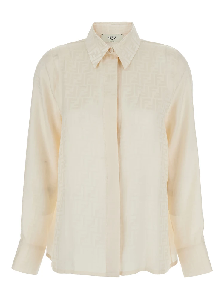 Shirt with Pointed Collar and FF Motif in White Silk for Women