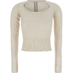 Beige Cropped Sweater with Front Cut-Out and Ribbed Trims in Cashmere for Women