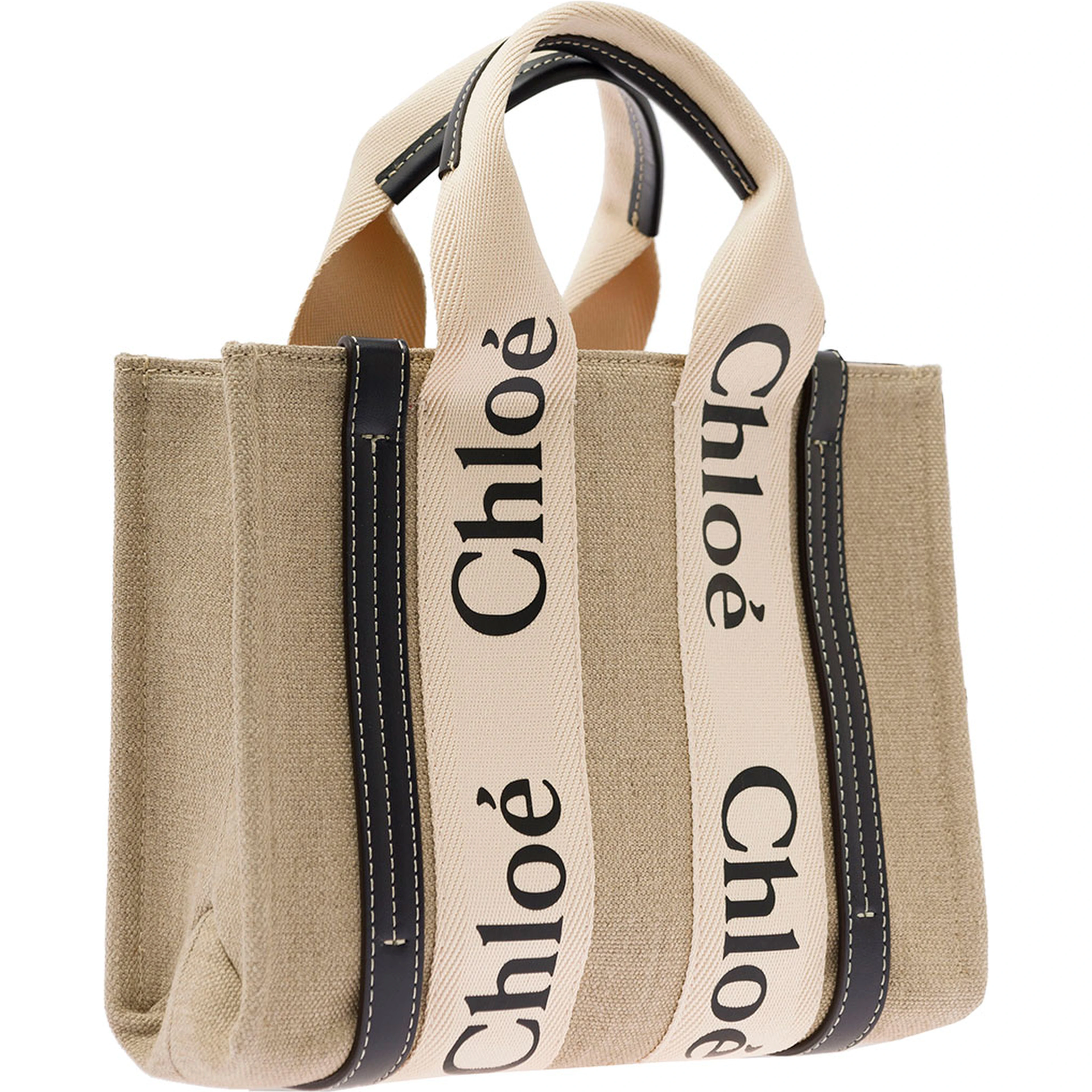 Tote bag Woody with Leather and Linen Strap in Beige for Women