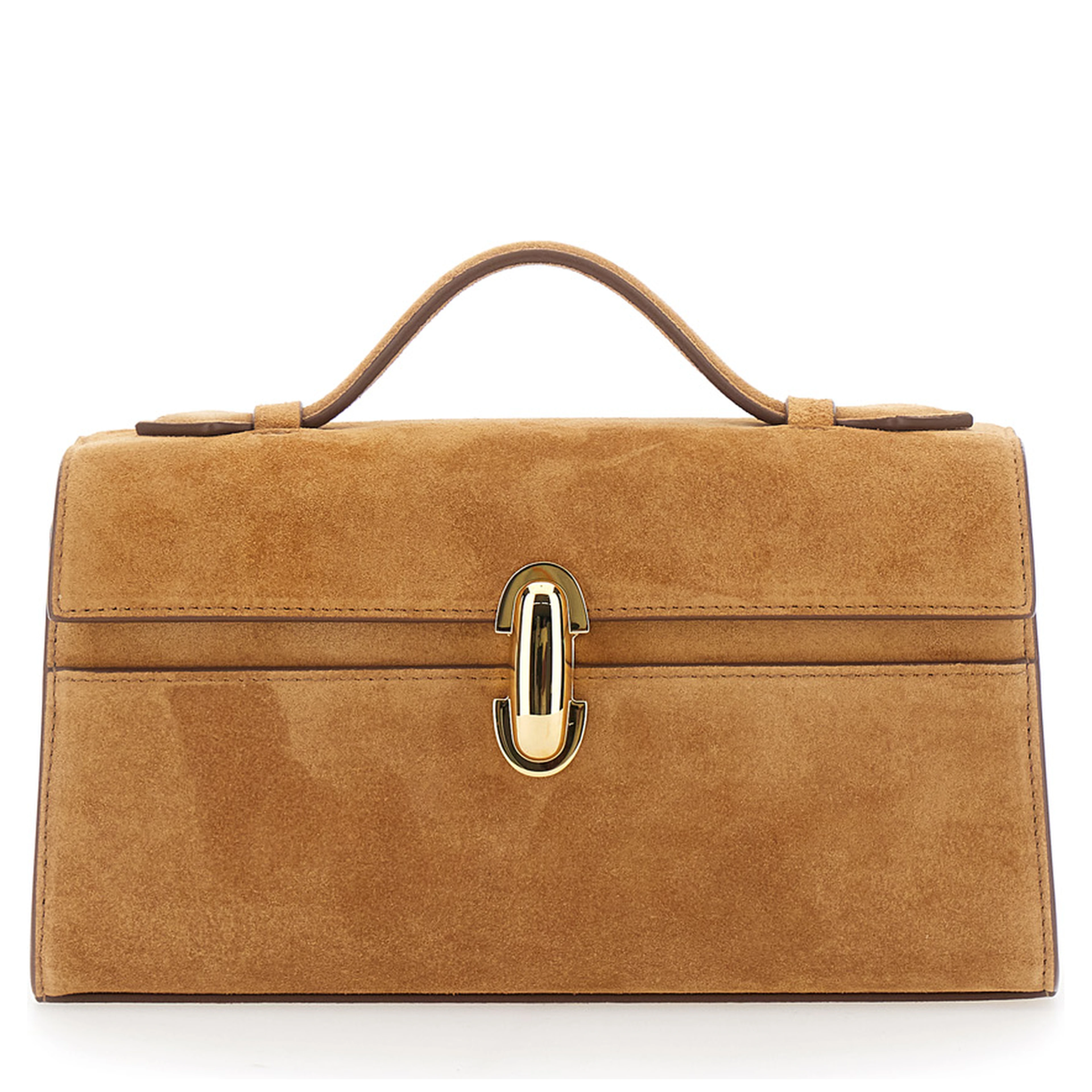 The Symmetry Pochette Brown Handbag with Turn Lock Closure and Top Handle in Suede for Women