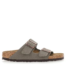 Arizona Gray Sandals with buckle straps and logo lettering on the side in leather for women