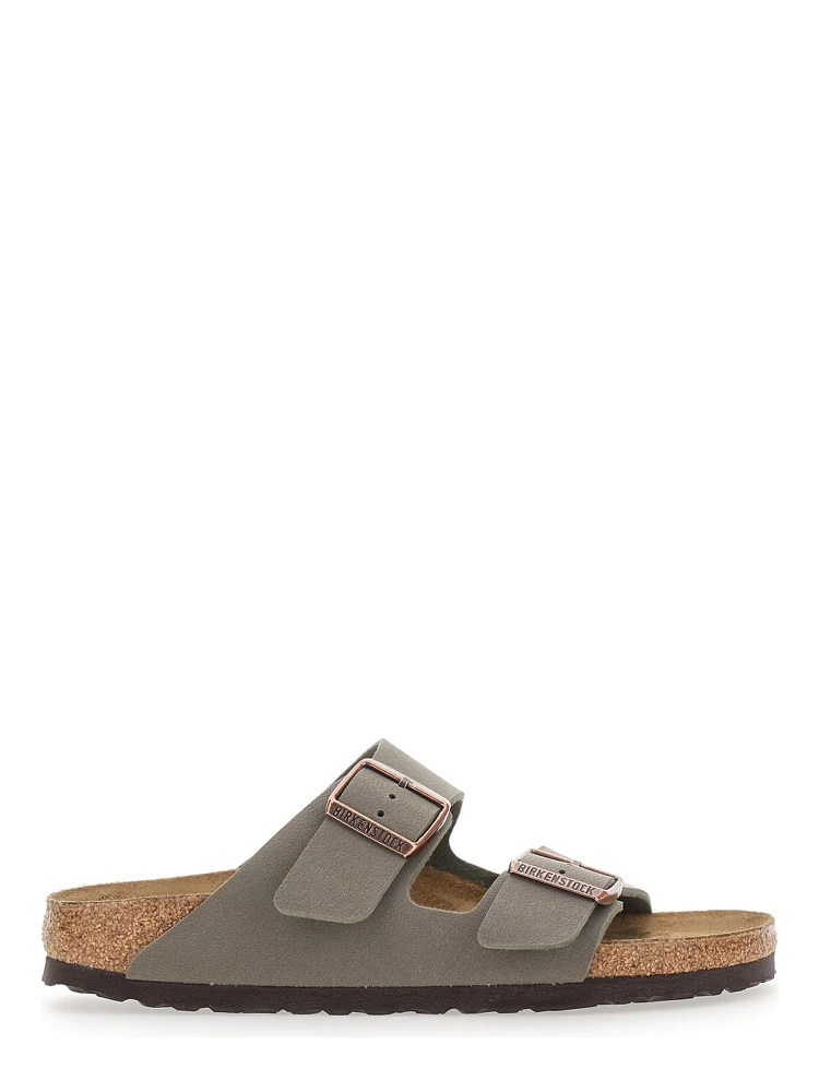 Arizona Gray Sandals with buckle straps and logo lettering on the side in leather for women