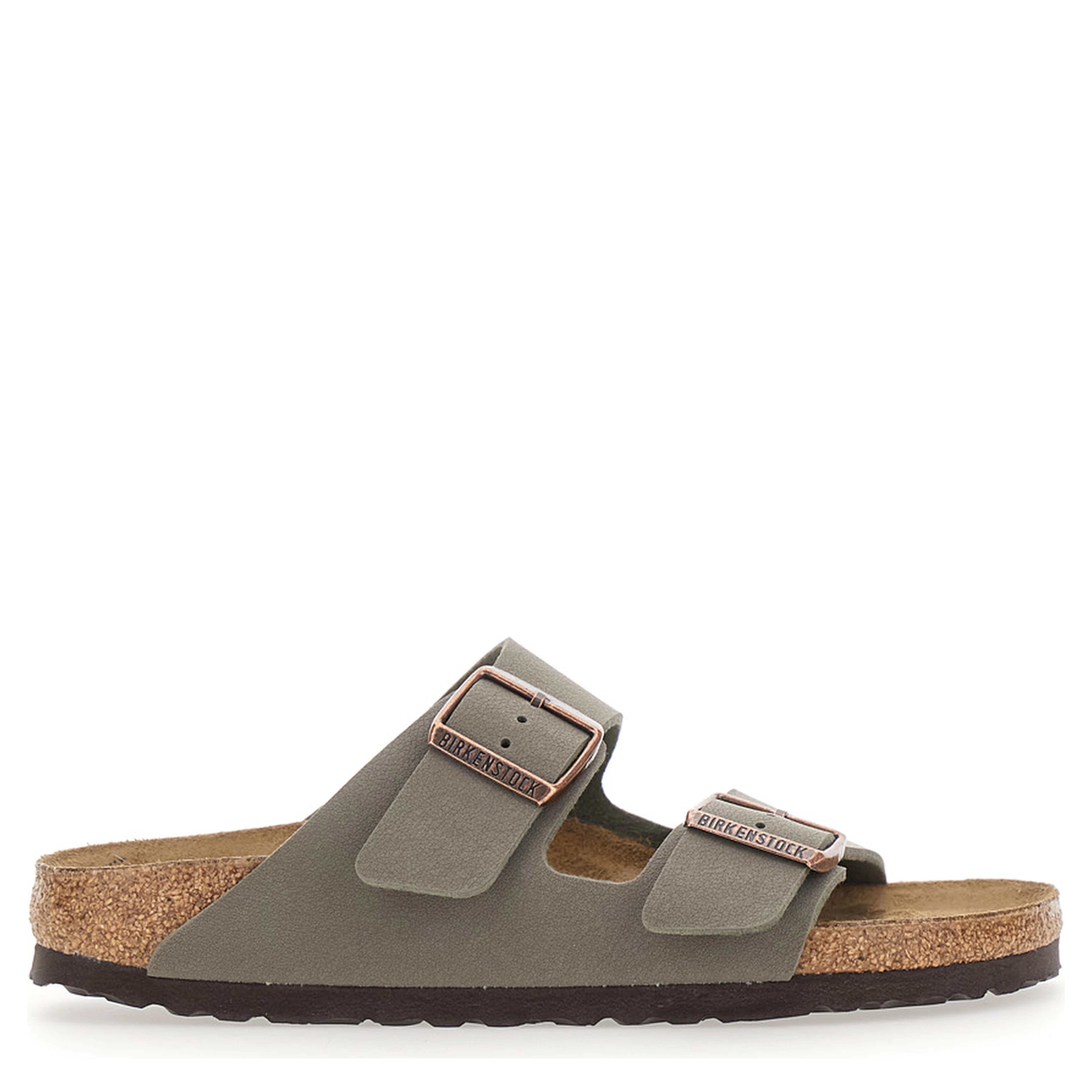 Arizona Gray Sandals with buckle straps and logo lettering on the side in leather for women