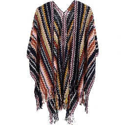 Multicolor Cape with Fringed Hem and ZigZag Motif All-Over in Wool Blend for Women