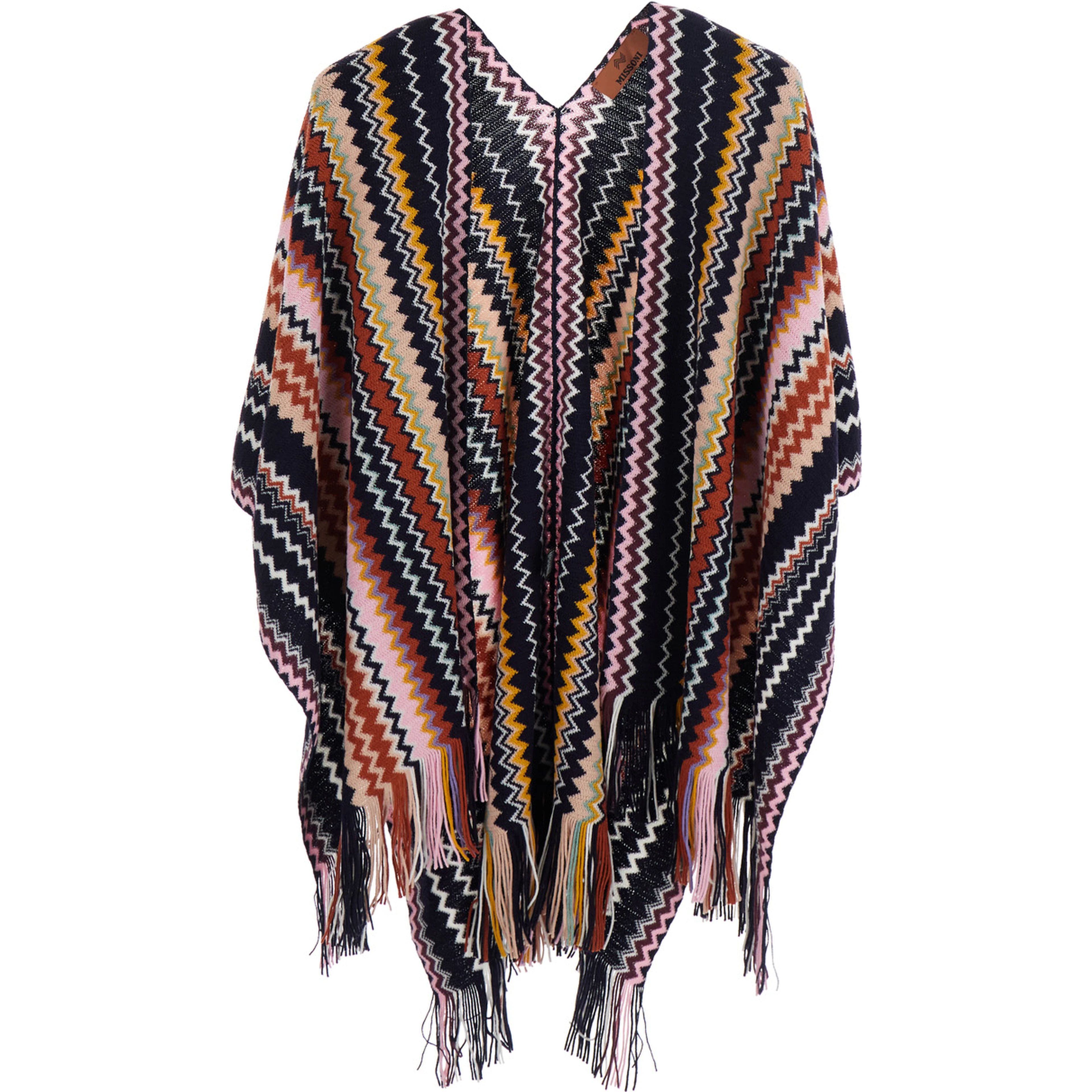 Multicolor Cape with Fringed Hem and ZigZag Motif All-Over in Wool Blend for Women