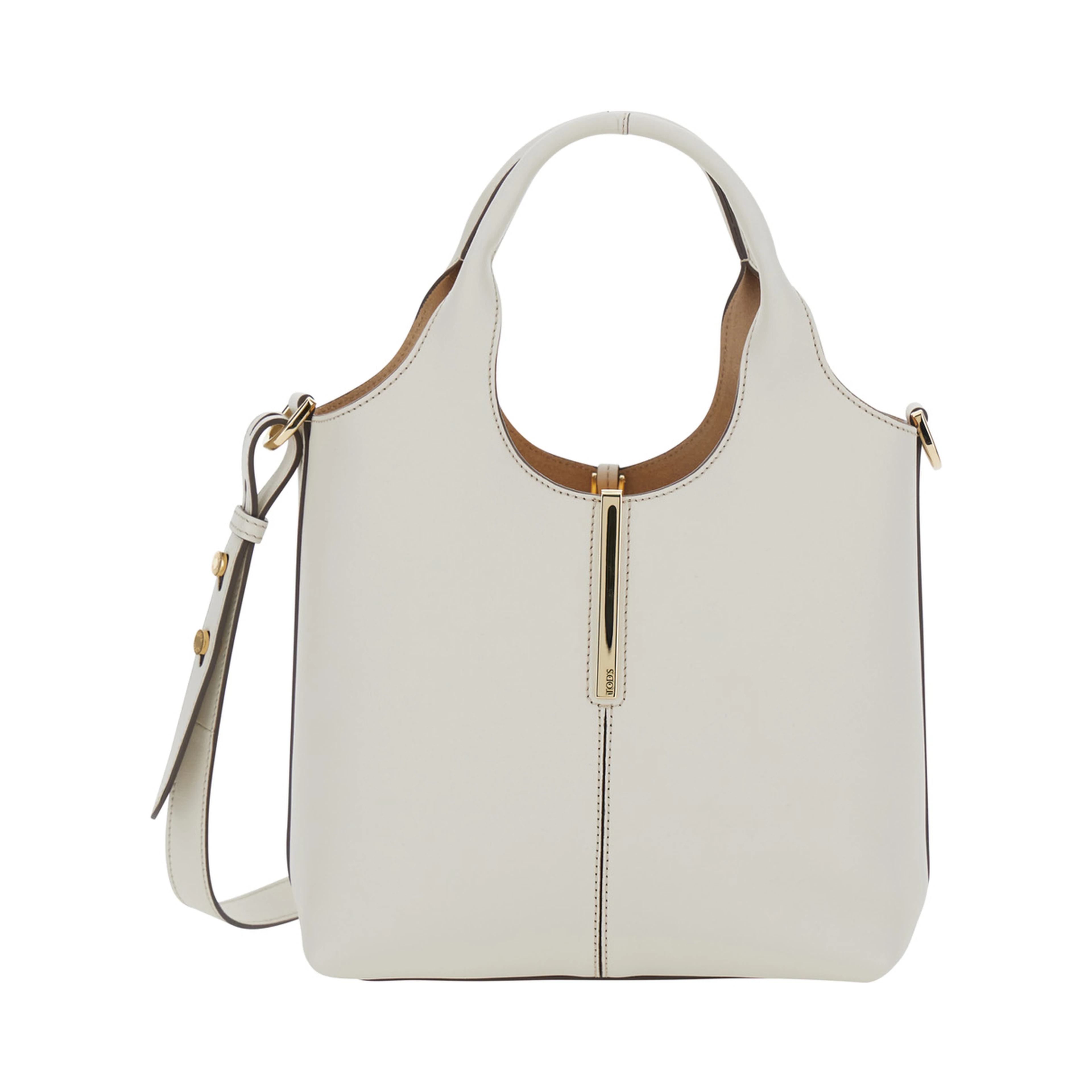 White Handbag with Adjustable and Removable Shoulder Strap and Metal Bar on the Front in Leather for Women