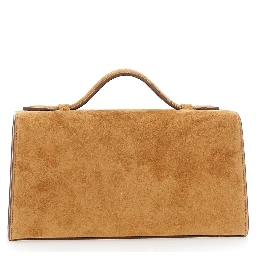 The Symmetry Pochette Brown Handbag with Turn Lock Closure and Top Handle in Suede for Women