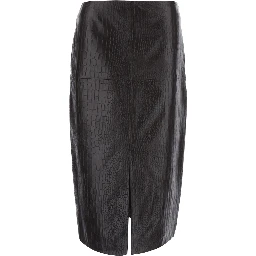 Black Skirt with a single slit at the front and crocodile effect in leather for women