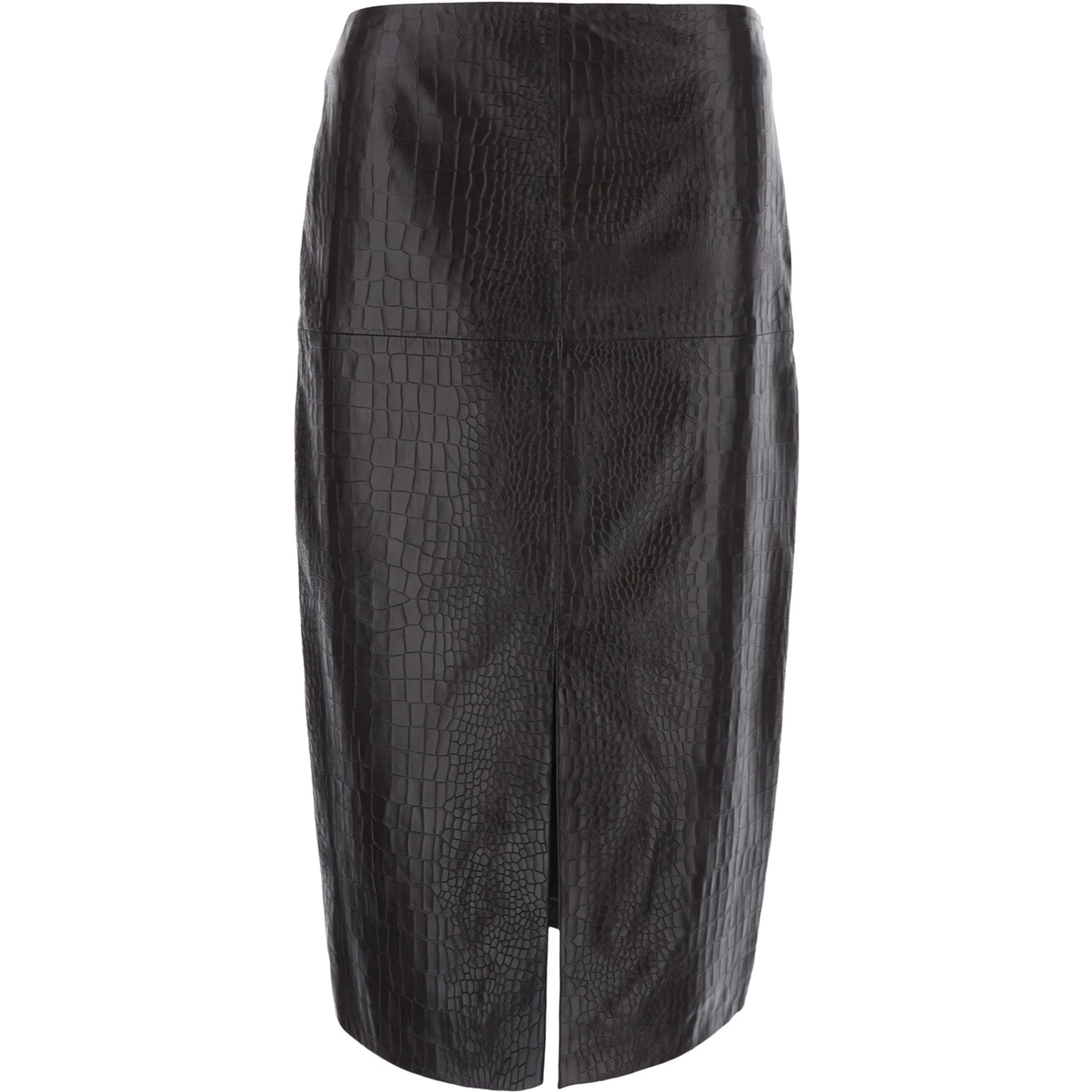 Black Skirt with a single slit at the front and crocodile effect in leather for women