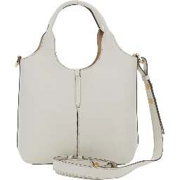 White Handbag with Adjustable and Removable Shoulder Strap and Metal Bar on the Front in Leather for Women