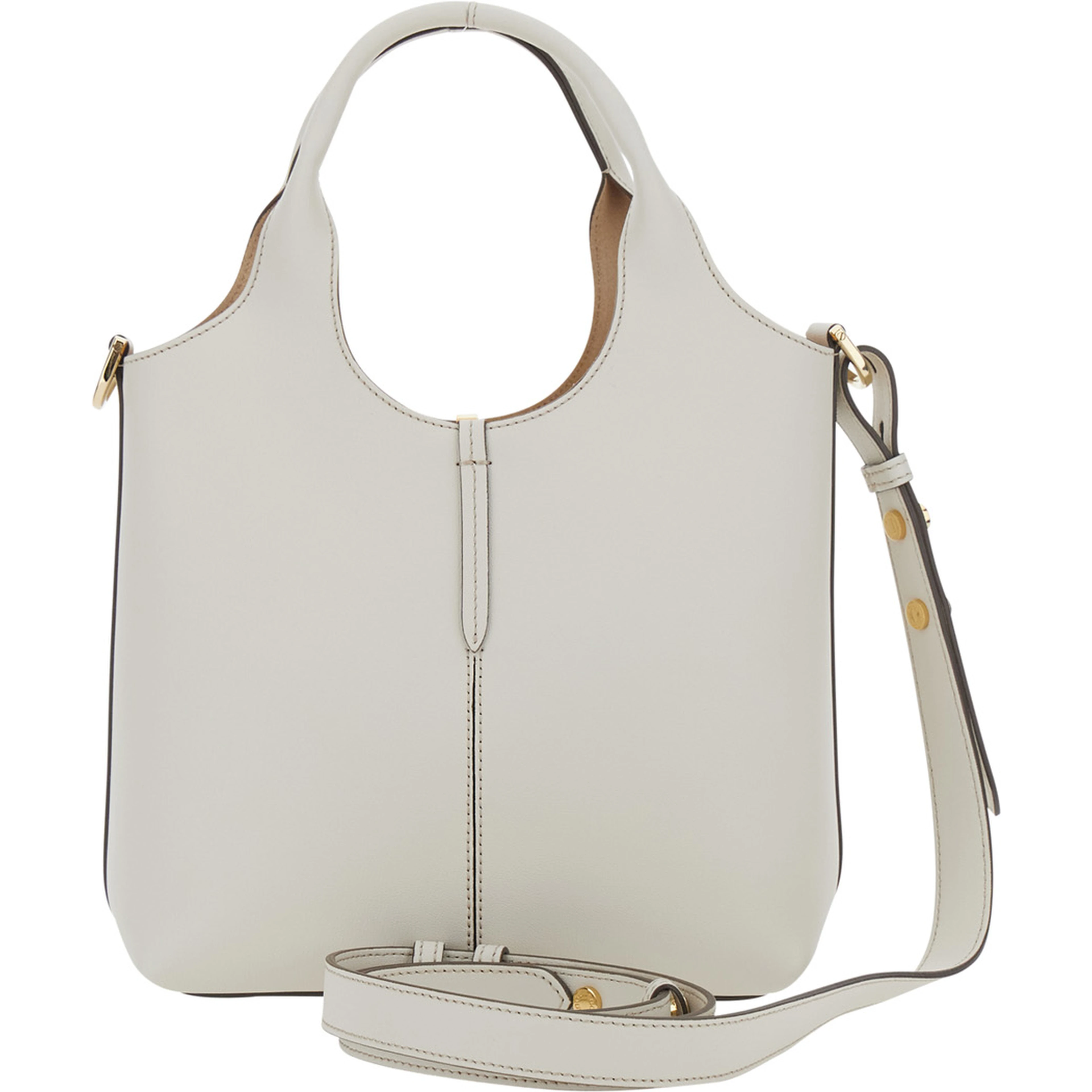 White Handbag with Adjustable and Removable Shoulder Strap and Metal Bar on the Front in Leather for Women