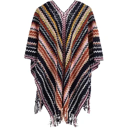 Multicolor Cape with Fringed Hem and ZigZag Motif All-Over in Wool Blend for Women
