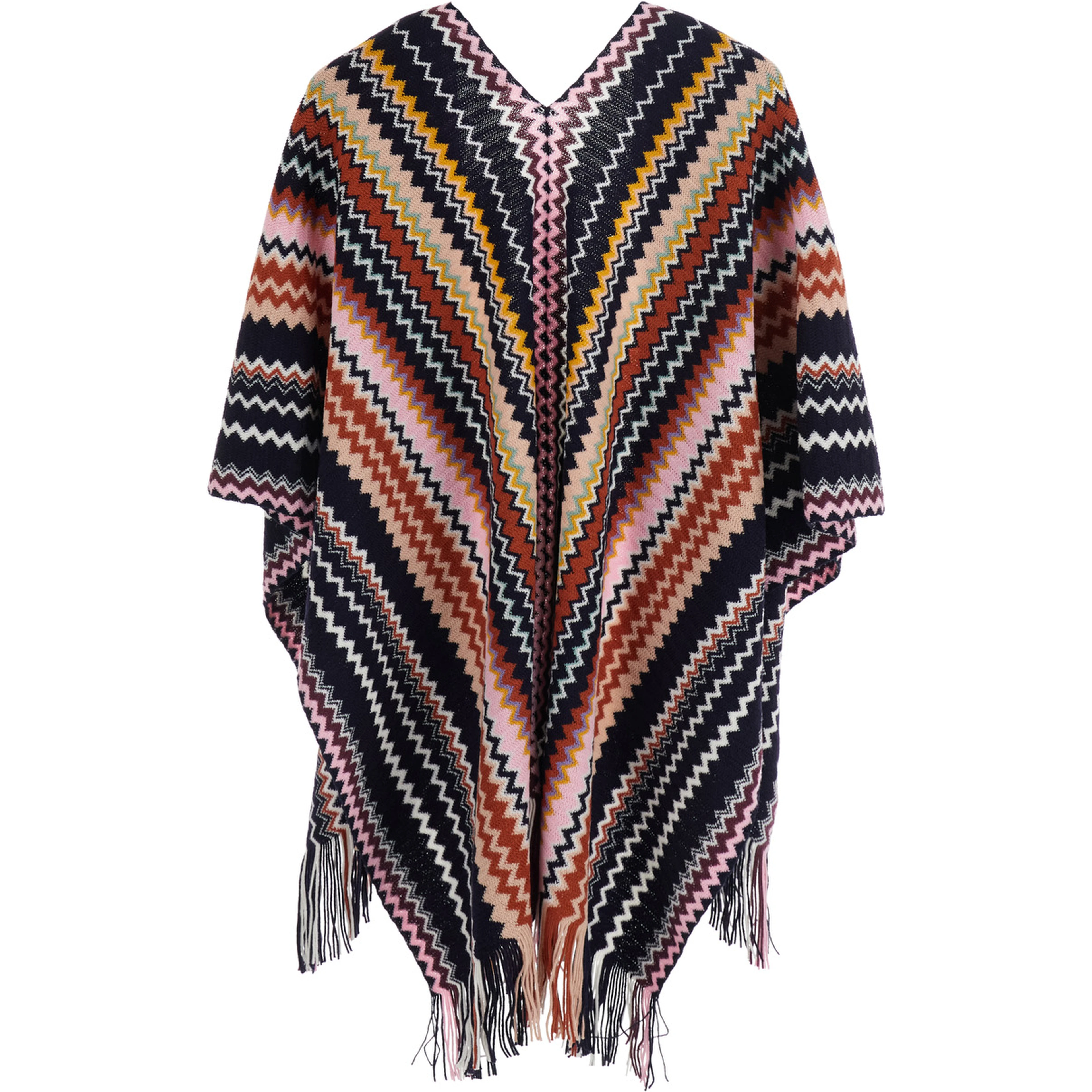 Multicolor Cape with Fringed Hem and ZigZag Motif All-Over in Wool Blend for Women