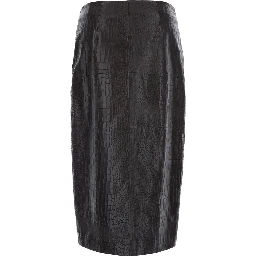 Black Skirt with a single slit at the front and crocodile effect in leather for women