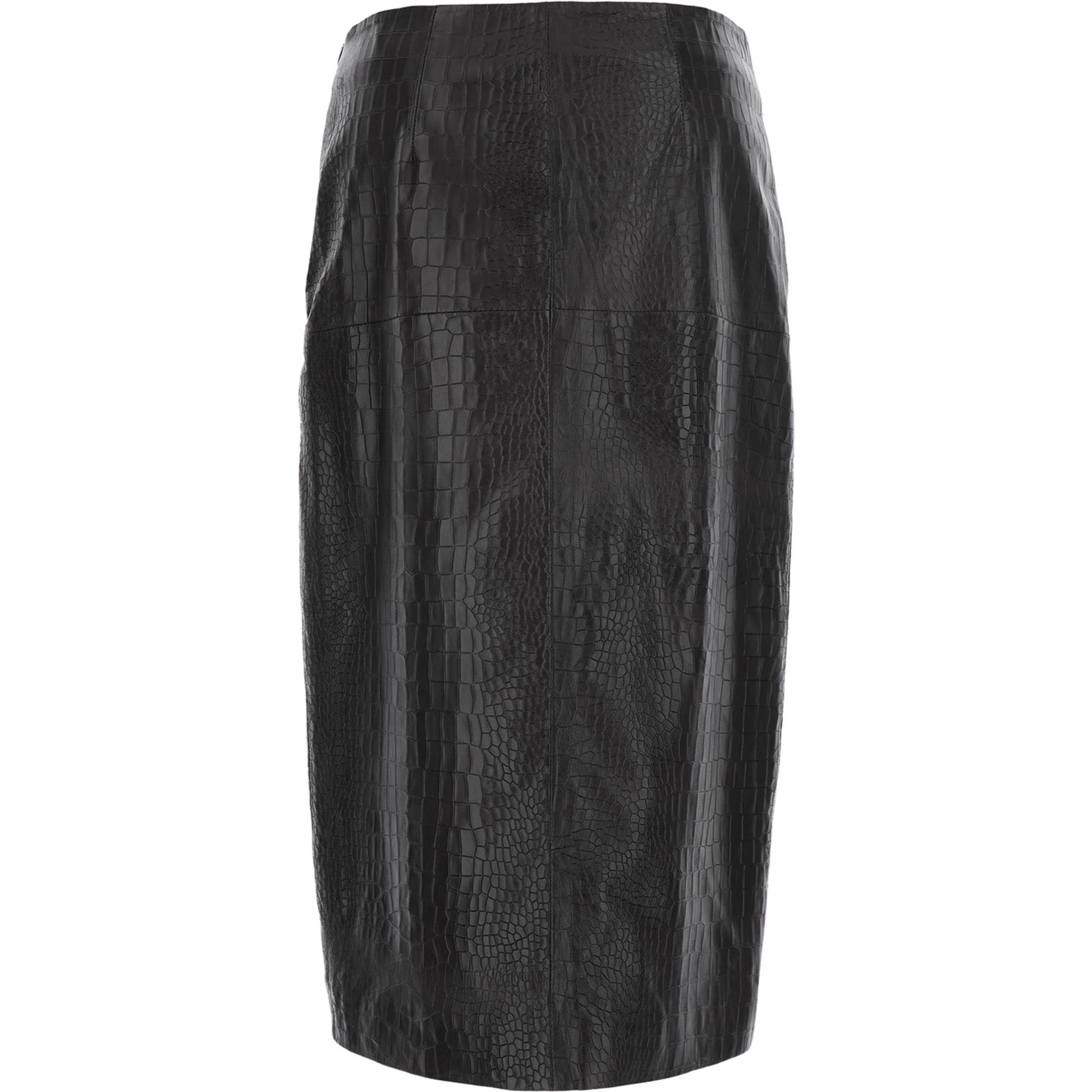 Black Skirt with a single slit at the front and crocodile effect in leather for women