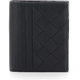 Cardholder with Intreccio Motif and Lettering Logo Impressed Inside in Black Leather for Men
